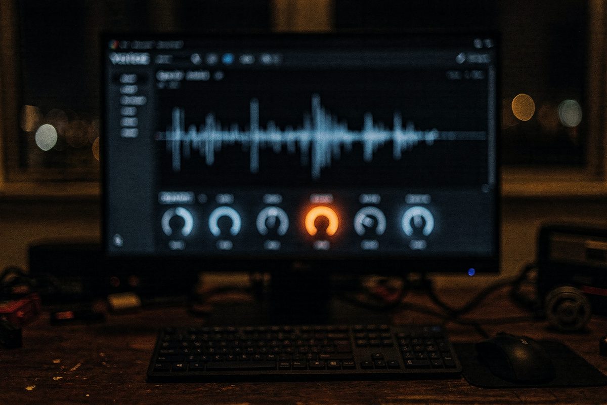 A voice changer application open on a monitor, showing a waveform and glowing effect dials