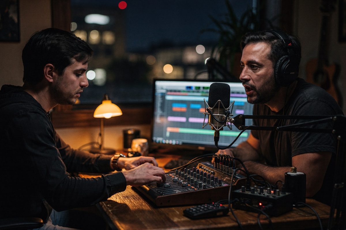 Two creators sharing a desk at night, one on a mixer knob and one speaking into a microphone