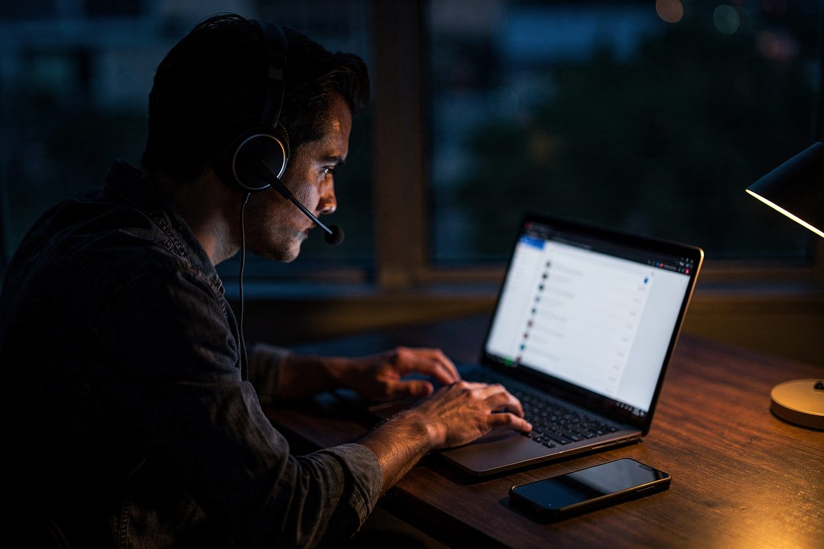 A support agent at a desk wearing a headset, typing on a laptop showing a ticket queue